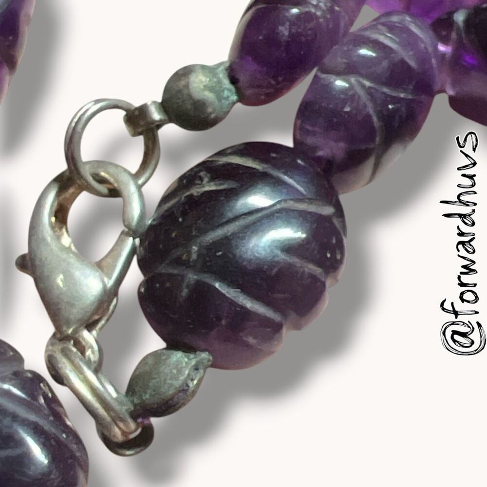 Vintage Carved Amethyst Gemstone Bead Necklace Purple 18” Silver Tone Clasp - Picture 8 of 8
